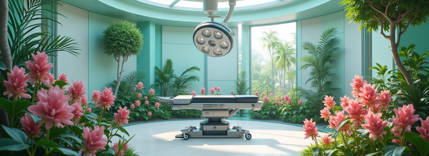 Futuristic Surgery Operating Room Surrounded By Vegetation And Pink Flowers That Grow From The Grou Gxy48q7cheoj96jt2hho 0
