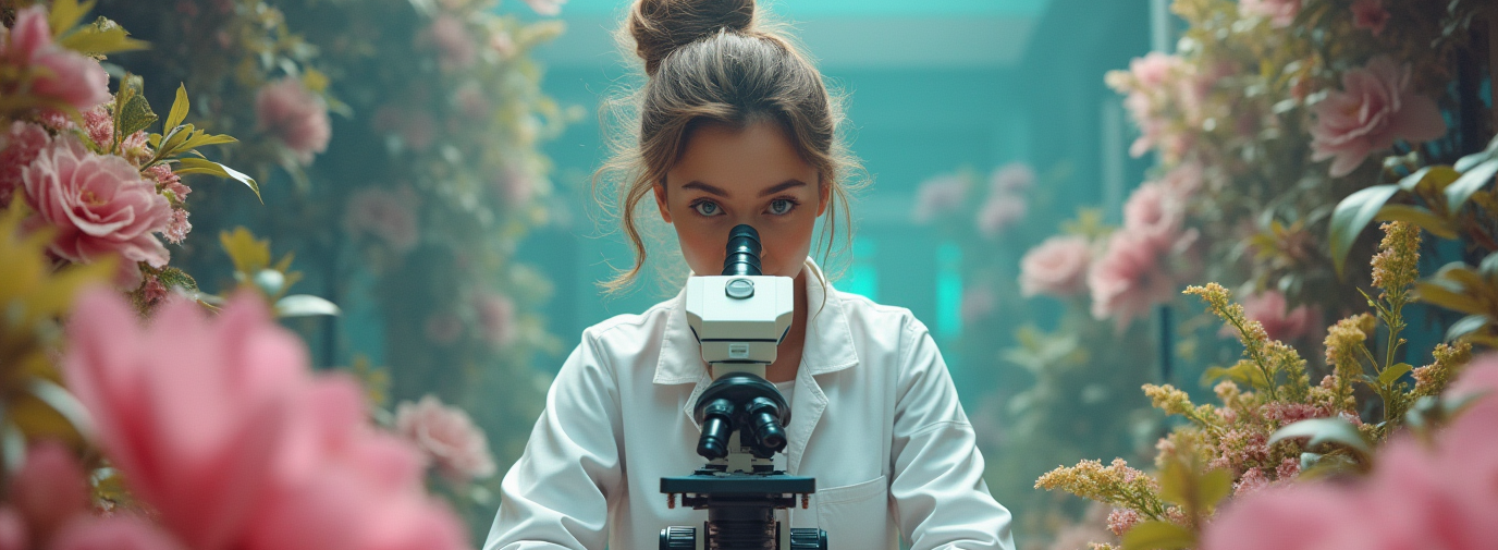 Woman Scientist Looking At The Microscope Inside A Futuristic Laboratory Surrounded By Lots Of Vege 82i4ewjckm3uqn4ws3xk 2