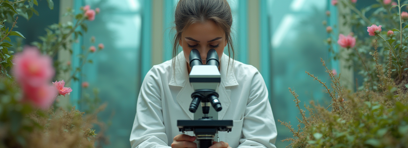 Woman Scientist Looking At The Microscope Inside A Futuristic Laboratory Surrounded By Lots Of Vege Dvt16j4pp6c3fwulod8y 1