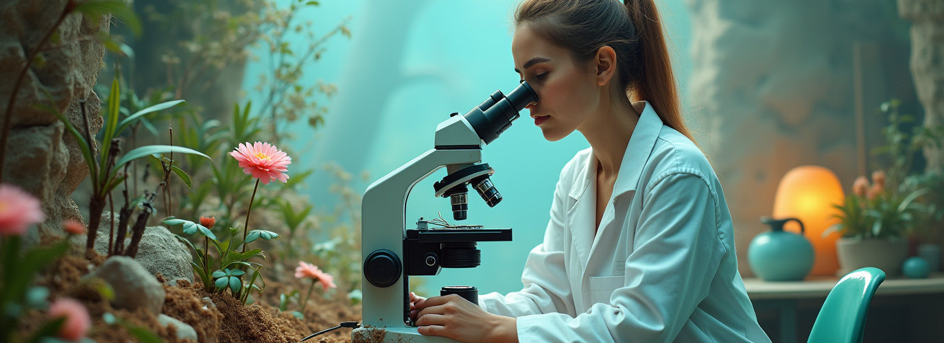 Woman Scientist Looking At The Microscope Inside A Futuristic Laboratory Surrounded By Lots Of Vege T2050xkflo8oeb51jeky 0